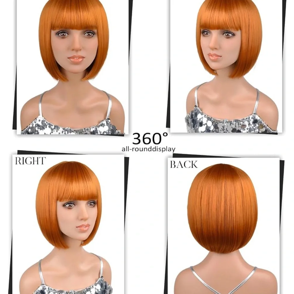 12” Ginger Orange Bob Synthetic Hair Wig with Bangs